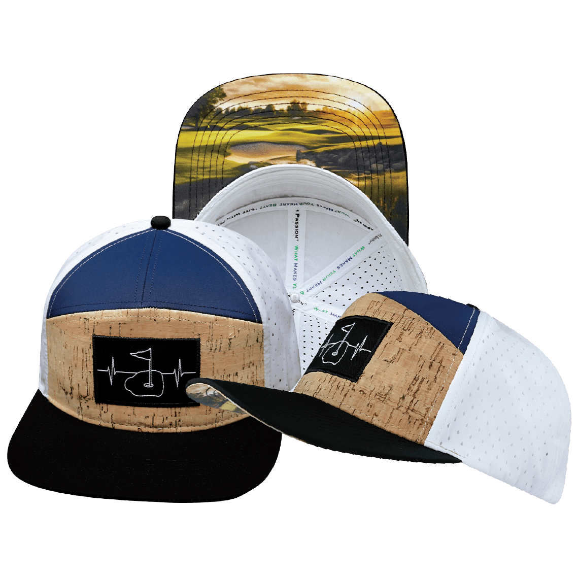 Golf Hat - Flat Bill - Cork - Black / Navy / White - Laser Mesh
