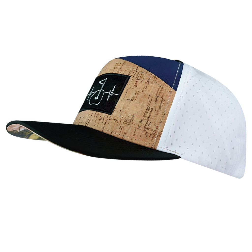 Golf Hat - Flat Bill - Cork - Black / Navy / White - Laser Mesh