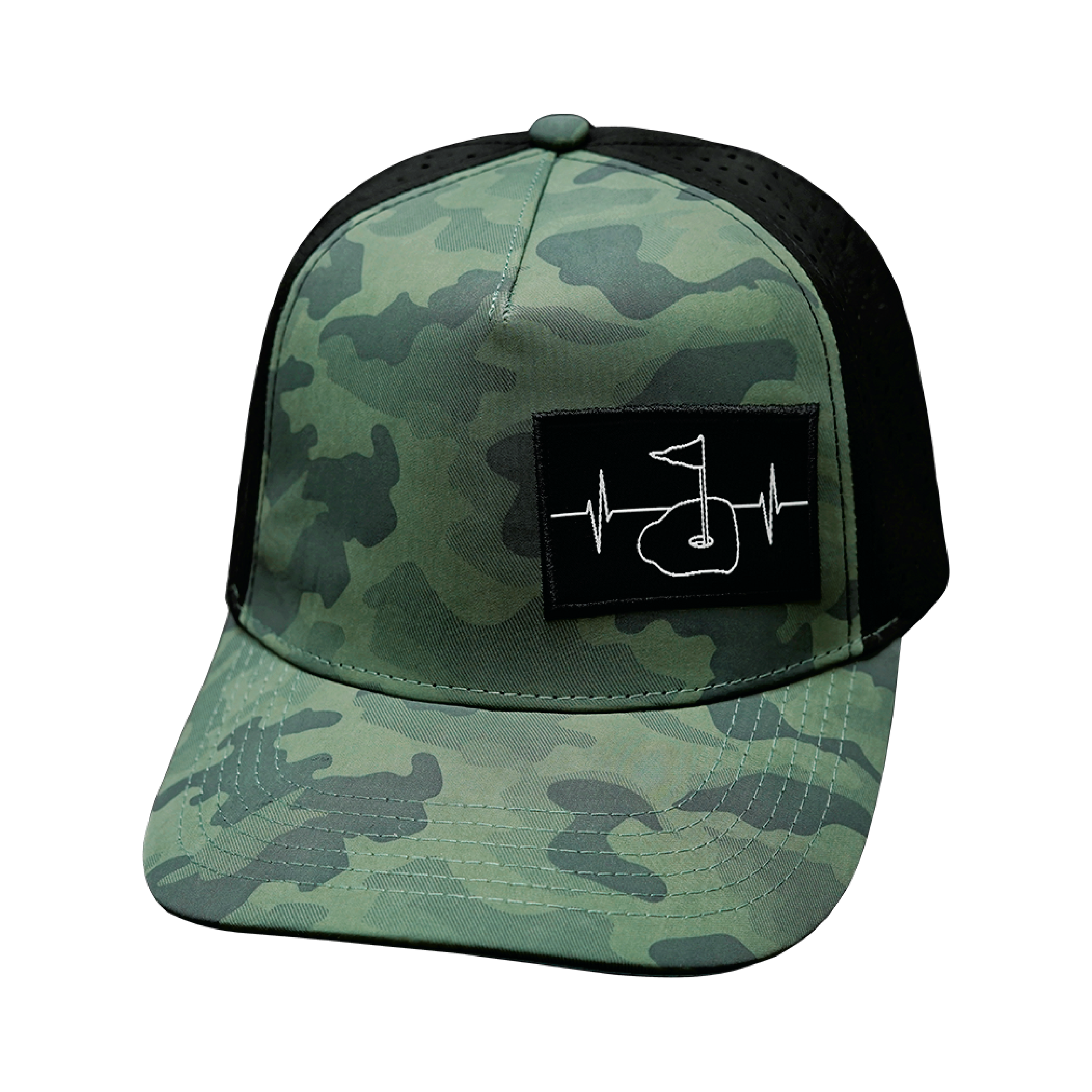 Golf Hat - Trucker Hat - Soft Teal Camo / Black - Laser Mesh